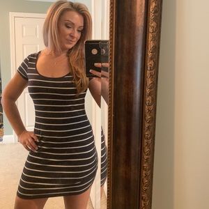 Navy Blue and White striped Short-sleeved dress